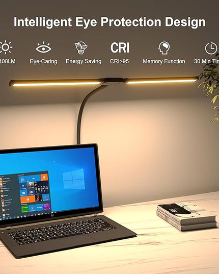 Desk Lamp, Double Head Led Desk Lamp, 15W Ultra Bright Architect Task Desk Light, Eye Caring Desk light, Desk Lamp for Home/Office/Study/Drafting/Reading/Dorm(Black) - LeafyLoom
