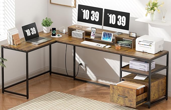 L Shaped Desk - 87" L Shaped Gaming Desk with Power Outlet & Monitor Shelf, Home Office Corner Computer Desk with Printer Shelf & File Drawer, Rustic Brown - LeafyLoom