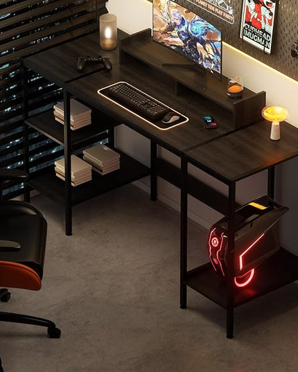 Computer Desk - 55 Inch Home Office Desk with Storage, Gaming Desk with Monitor Stand, Modern Simple Study Table, Adjustable Storage Space, Black… - LeafyLoom