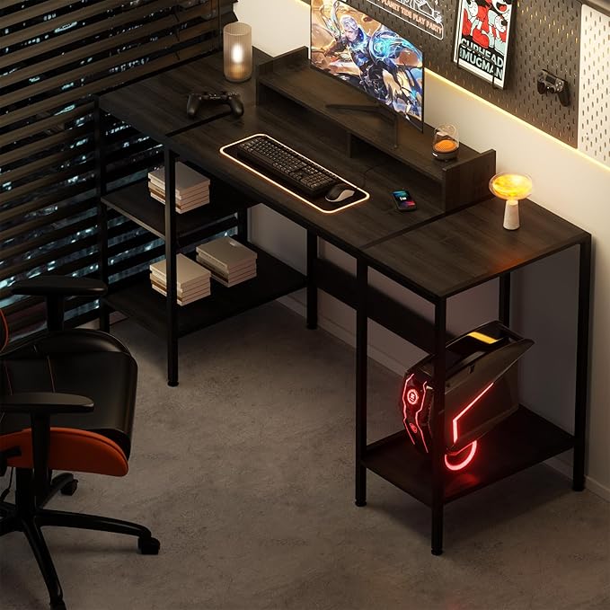 Computer Desk - 55 Inch Home Office Desk with Storage, Gaming Desk with Monitor Stand, Modern Simple Study Table, Adjustable Storage Space, Black… - LeafyLoom