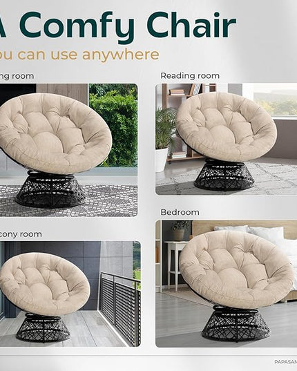Bme 40" Ergonomic Wicker Papasan Chair with Soft Thick Density Fabric Cushion, High Capacity Steel Frame, 360 Degree Swivel for Living, Bedroom, Reading Room, Lounge, Sepia Sand - Black Base - LeafyLoom