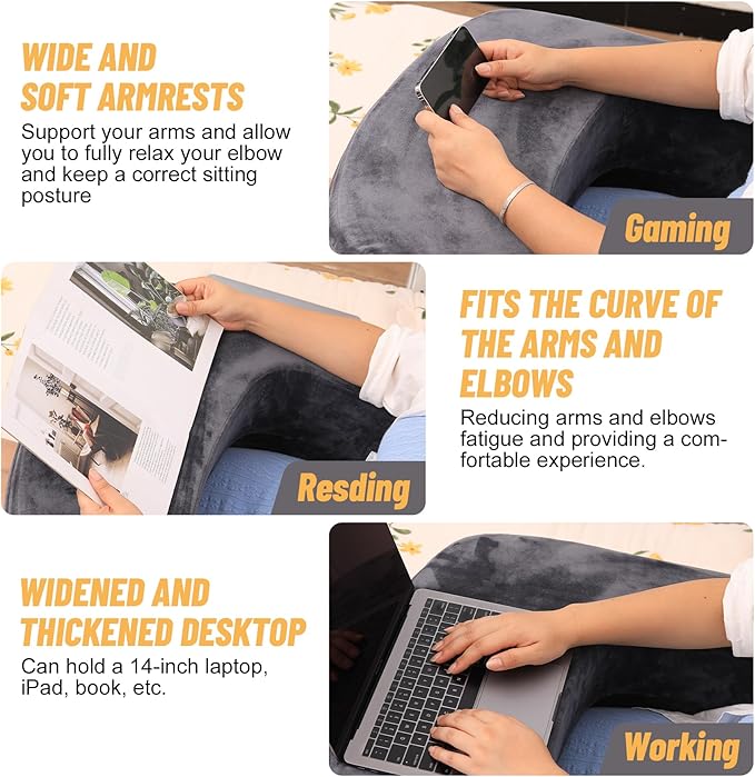 Reading Pillow & Gaming Pillow for Lap, Lap Desk Pillow for Gaming with Coaster, Soft Arm Rest Pillow for Adult, Memory Foam Bed Rest Pillows for Reading, Working, Sitting in Bed Floor Sofa, Grey - LeafyLoom