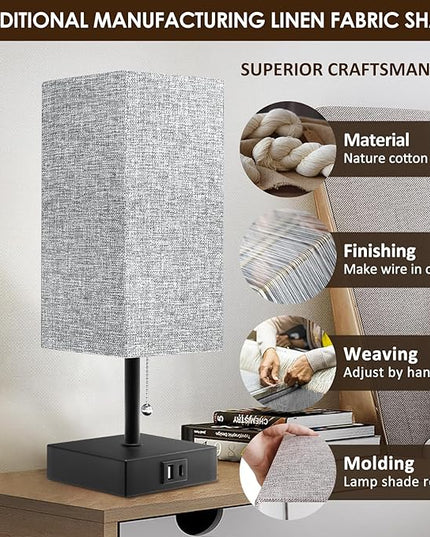 Table Lamp for Bedroom with USB A Port and C Port, Grey Bedside Lamp Night Stand Light Lamp with Square Fabric Shade, Small Lamp for Boys, with LED Bulb - LeafyLoom