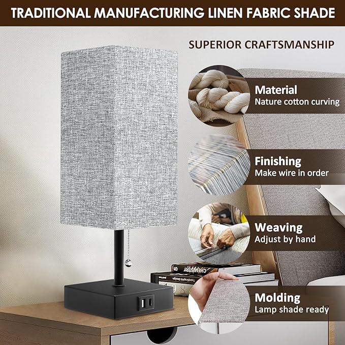 Table Lamp for Bedroom with USB A Port and C Port, Grey Bedside Lamp Night Stand Light Lamp with Square Fabric Shade, Small Lamp for Boys, with LED Bulb - LeafyLoom