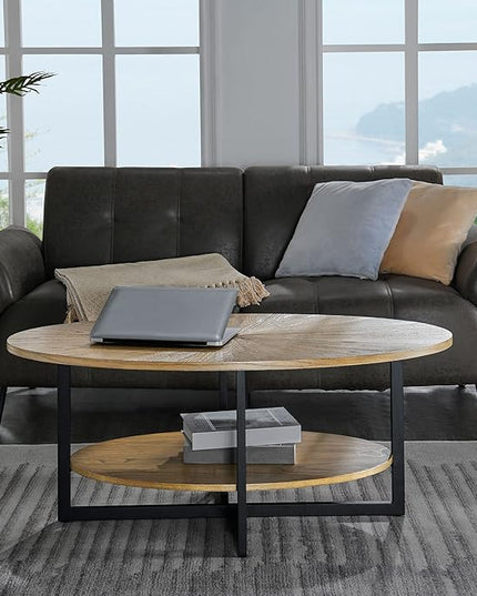 Solid Wood Oval Coffee Table with Cross Metal Legs, 43.3in Modern Industrail Center Table with Open Shelf Cocktail Tea Table for Living Room Bedroom, Rustic Nature 1811 - LeafyLoom