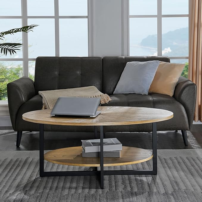 Solid Wood Oval Coffee Table with Cross Metal Legs, 43.3in Modern Industrail Center Table with Open Shelf Cocktail Tea Table for Living Room Bedroom, Rustic Nature 1811 - LeafyLoom