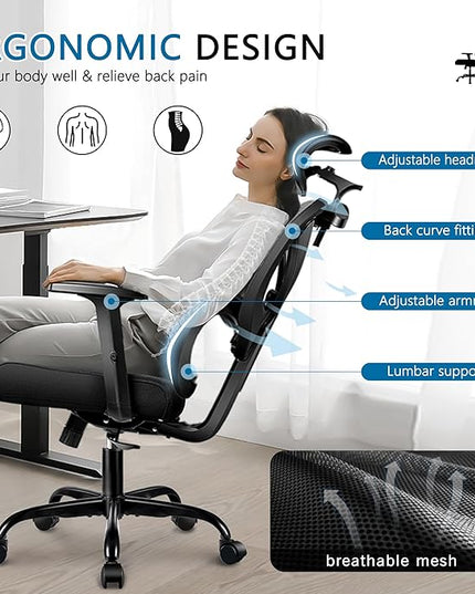Office Chair Ergonomic Desk Chair Comfy Computer Chair, Big and Tall Home Office Chair with Back Support, Mesh Office Chair High Back Gaming Chair with Adjustable Armrest (Black) - LeafyLoom