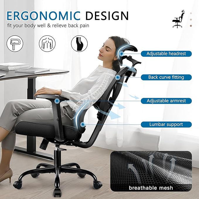 Office Chair Ergonomic Desk Chair Comfy Computer Chair, Big and Tall Home Office Chair with Back Support, Mesh Office Chair High Back Gaming Chair with Adjustable Armrest (Black) - LeafyLoom