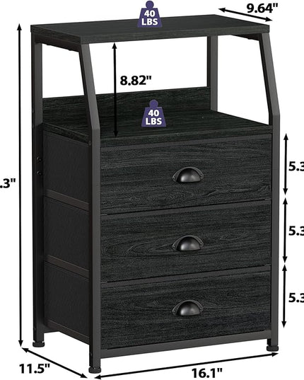 Furnulem Black Dresser for Bedroom, Small Nightstand with 3 Fabric Storage Drawers and 2-Tier Shelf, End Table Side Furniture for Closet, Hallway, Nursery, Sturdy Steel Frame, Wood Top (Black Oak) - LeafyLoom