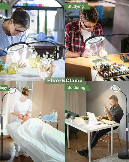 HITTI 10X&15X Floor Magnifying Glass with Light, Flexible Gooseneck Magnifying Floor Lamp, 3 Color Modes Stepless Dimmable LED Lighted Magnifier Stand for Close Work Jewellery Esthetican-Black - LeafyLoom