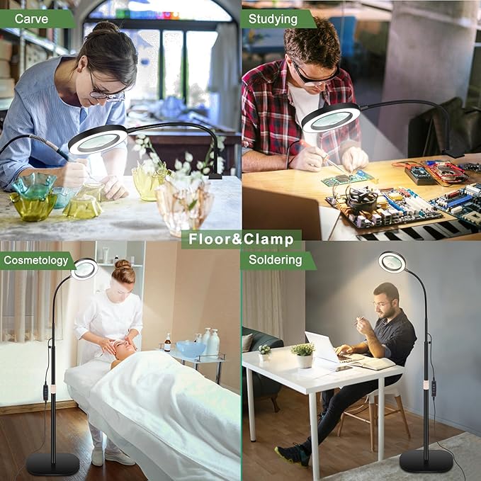 HITTI 10X&15X Floor Magnifying Glass with Light, Flexible Gooseneck Magnifying Floor Lamp, 3 Color Modes Stepless Dimmable LED Lighted Magnifier Stand for Close Work Jewellery Esthetican-Black - LeafyLoom