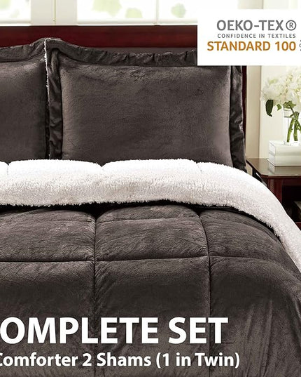 Cathay Home Queen Comforter Set: Ultra Soft and Plush Reversible Micromink and Sherpa 3-Piece Bedding Set, Chocolate, Queen (90" x 90") - LeafyLoom