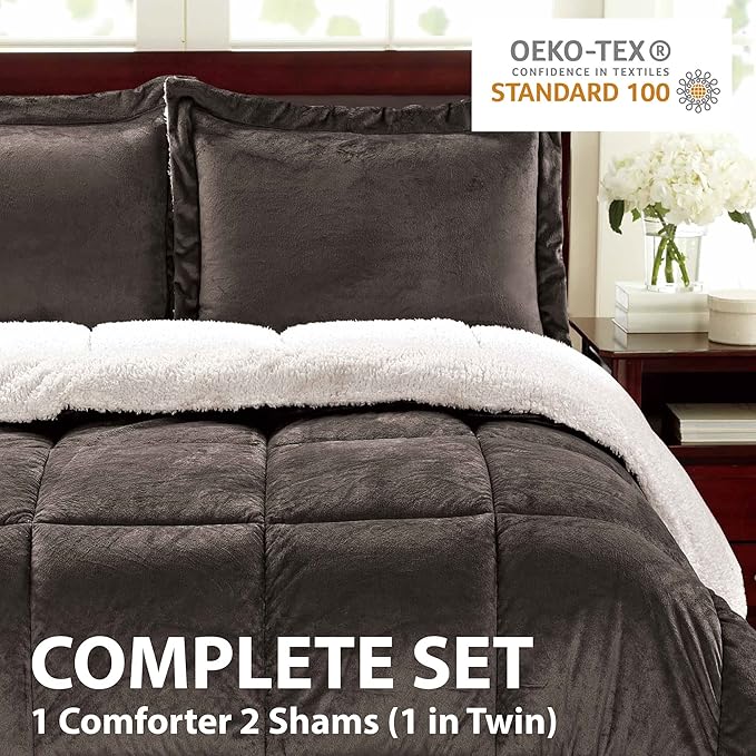 Cathay Home Queen Comforter Set: Ultra Soft and Plush Reversible Micromink and Sherpa 3-Piece Bedding Set, Chocolate, Queen (90" x 90") - LeafyLoom