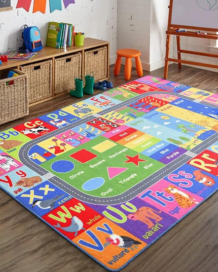 HOMORE Kids Educational Rug, Kids Collection Area Rug for Learning Alphabet, Numbers, Colors, Season and Animal Words, Playmat for Classroom Playroom, 3x5 Feet - LeafyLoom