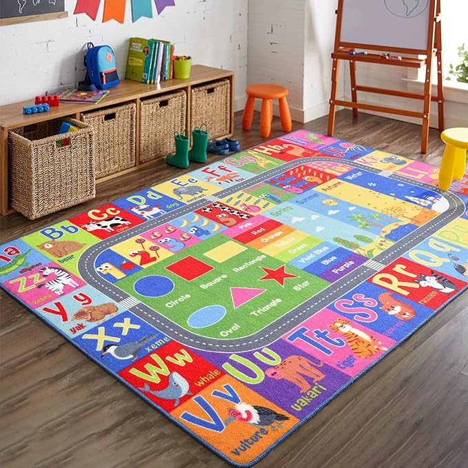HOMORE Kids Educational Rug, Kids Collection Area Rug for Learning Alphabet, Numbers, Colors, Season and Animal Words, Playmat for Classroom Playroom, 3x5 Feet - LeafyLoom