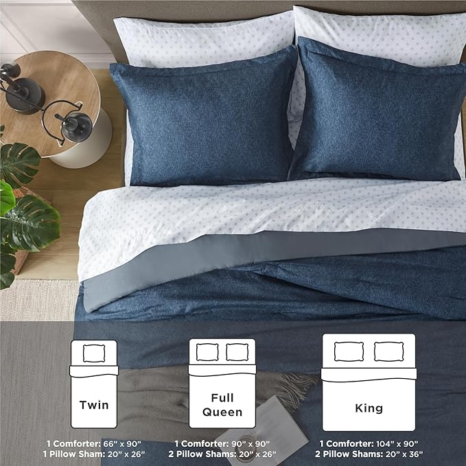 Blue King Comforter Set - Navy Soft Luxury Chambray Printed, All Season Lightweight Breathable Bedding Set, 3 Pieces Including 1 Comforter and 2 Pillow Shams - LeafyLoom