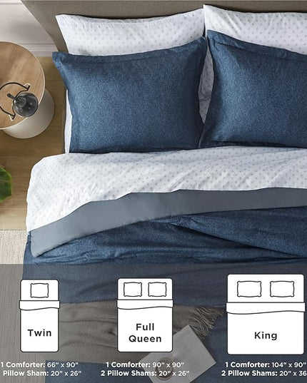 Blue Queen Comforter Set - Navy Soft Luxury Chambray Printed, All Season Lightweight Breathable Bedding Set, 3 Pieces Including 1 Comforter and 2 Pillow Shams - LeafyLoom
