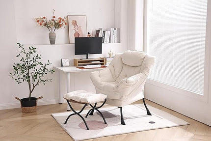 Lazy Chair with Ottoman, Modern Chair with Folding Footrest, Lounge Accent Chair, Comfortable Reading Chair, Oversized Armchairs for Bedroom, Study, Living Room, Courtyard (Beige) - LeafyLoom