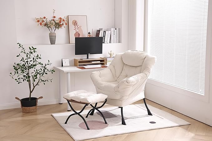 Lazy Chair with Ottoman, Modern Chair with Folding Footrest, Lounge Accent Chair, Comfortable Reading Chair, Oversized Armchairs for Bedroom, Study, Living Room, Courtyard (Beige) - LeafyLoom