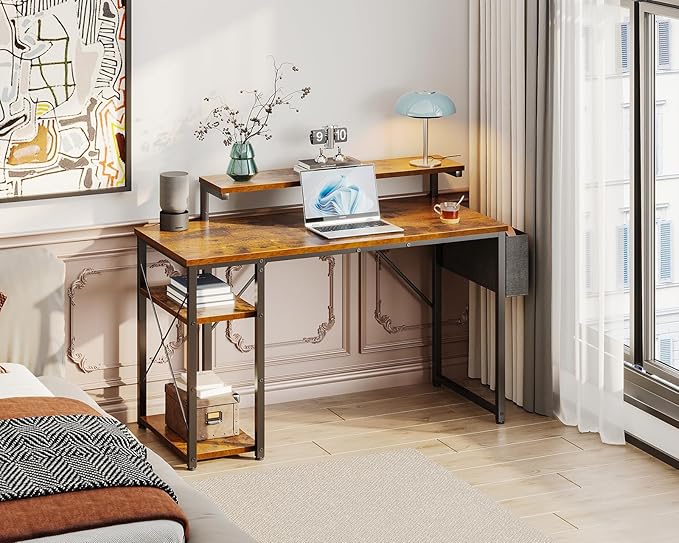 KKL 48 inch Small Computer Desk with Adjustable Monitor Stand, Home Office Desk & Workstation with Storage Shelves, Reversible Work Writing Study Table for Bedroom, Rustic Brown - LeafyLoom