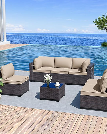 Patio Furniture Set 7-Pieces Outdoor Furniture for Backyard Wicker Sectional Sofa Set, Rattan Patio Conversation Set with Thickened Cushions and Glass Coffee Table, Sand - LeafyLoom