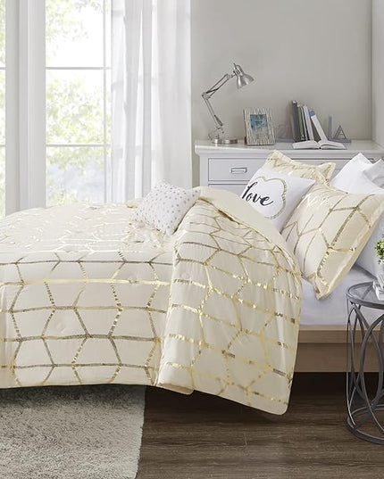 Intelligent Design, Soft Microfiber Comforter Modern Geometric Metallic Bed Set, King/Cal King, Ivory/Gold - LeafyLoom