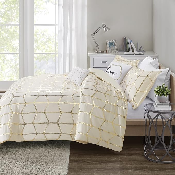 Intelligent Design, Soft Microfiber Comforter Modern Geometric Metallic Bed Set, King/Cal King, Ivory/Gold - LeafyLoom