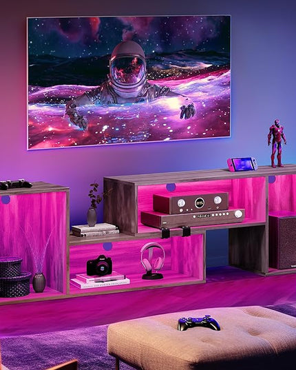 YITAHOME DIY TV Stand w/LED Strip, Modern Deformable Entertainment Center for 75/70/65/60/55/50/45 inch TVs, Gaming TV Consoles 2 Pieces Media Console for 300lbs for Living Room, Light Oak Grey - LeafyLoom