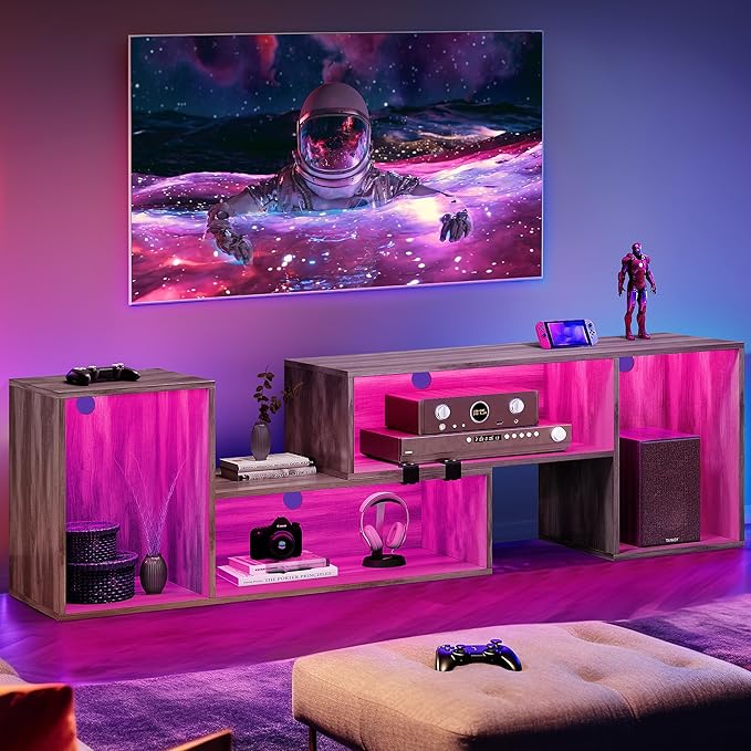YITAHOME DIY TV Stand w/LED Strip, Modern Deformable Entertainment Center for 75/70/65/60/55/50/45 inch TVs, Gaming TV Consoles 2 Pieces Media Console for 300lbs for Living Room, Light Oak Grey - LeafyLoom