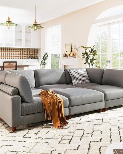 163.8" Large L Shaped Modular Sectional Sofa with Ottoman, 6-Seater Upholstered Combination Corner Couch for Living Room Office Spacious Space Furniture Sets, Gray, 163.8 Inch - LeafyLoom