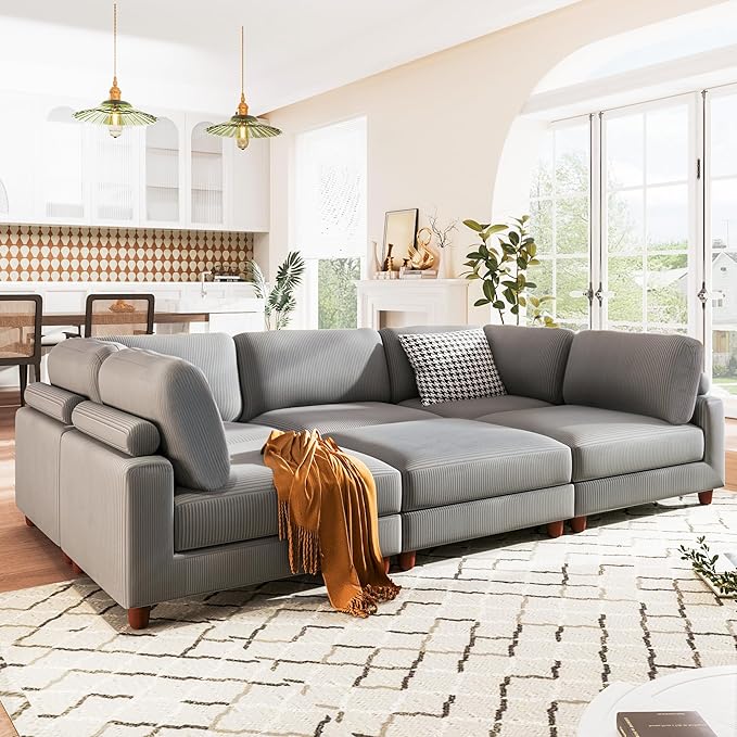 163.8" Large L Shaped Modular Sectional Sofa with Ottoman, 6-Seater Upholstered Combination Corner Couch for Living Room Office Spacious Space Furniture Sets, Gray, 163.8 Inch - LeafyLoom