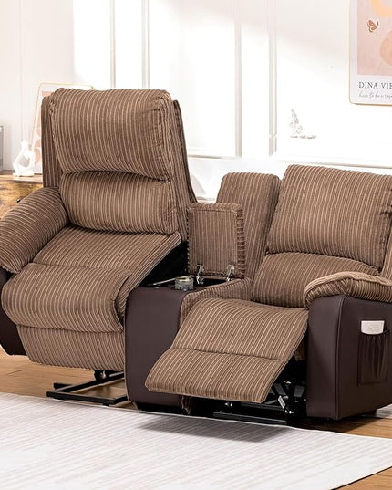 COMHOMA Double Reclining Sofa Chair, Power Lift Recliner Chair Loveseat with Storage Console, Recliner Sofa with Cup Holders Living Room Furniture (2 Seater) - LeafyLoom