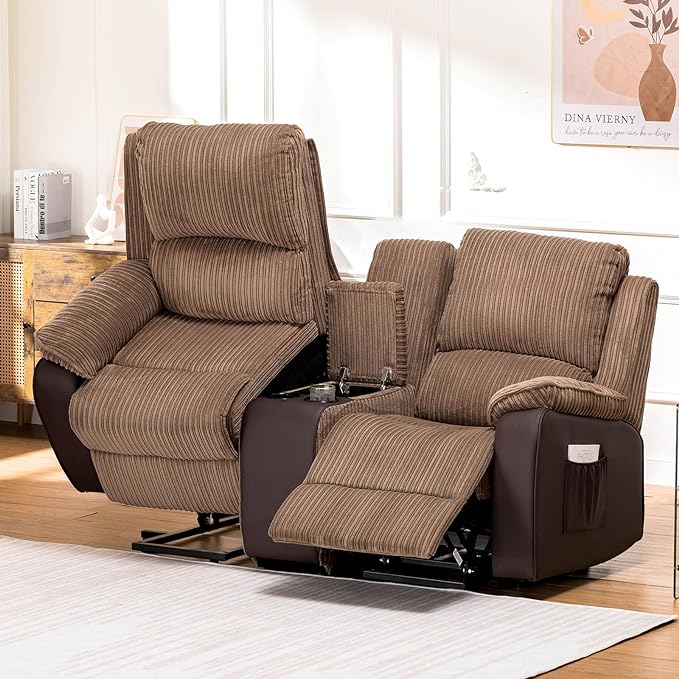 COMHOMA Double Reclining Sofa Chair, Power Lift Recliner Chair Loveseat with Storage Console, Recliner Sofa with Cup Holders Living Room Furniture (2 Seater) - LeafyLoom