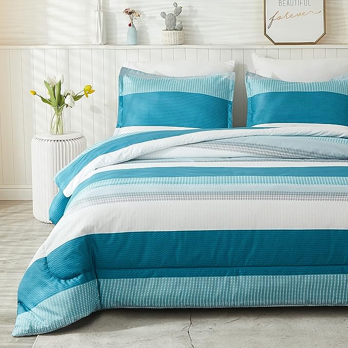 Litanika Teal White Bed Comforter Twin Set, XL Twin Comforter Striped Bedding Comforter Set, 2 Pieces Lightweight Soft All Season Down Alternative Comforter (1 Comforter, 1 Pillowcase) - LeafyLoom