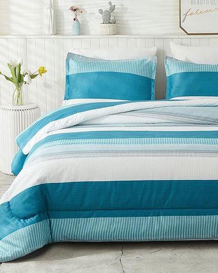 Litanika Queen Comforter Set White Teal - 3 Pieces Lightweight Fluffy Bedding Comforter Sets, All Season Down Alternative Comforter (1 Comforter, 2 Pillowcases) - LeafyLoom
