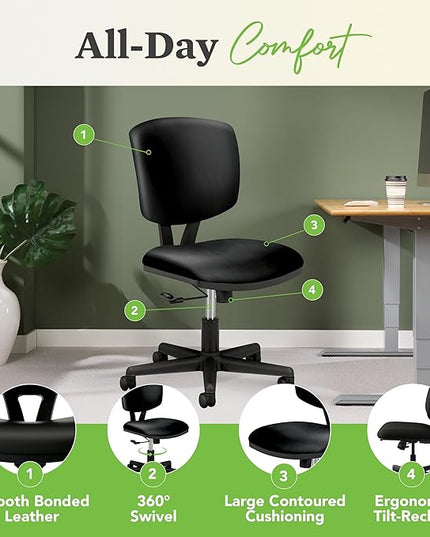 HON Volt Armless Chair Home Desk Wheels. Recline and Tilt, Ergonomic Office, Black - LeafyLoom