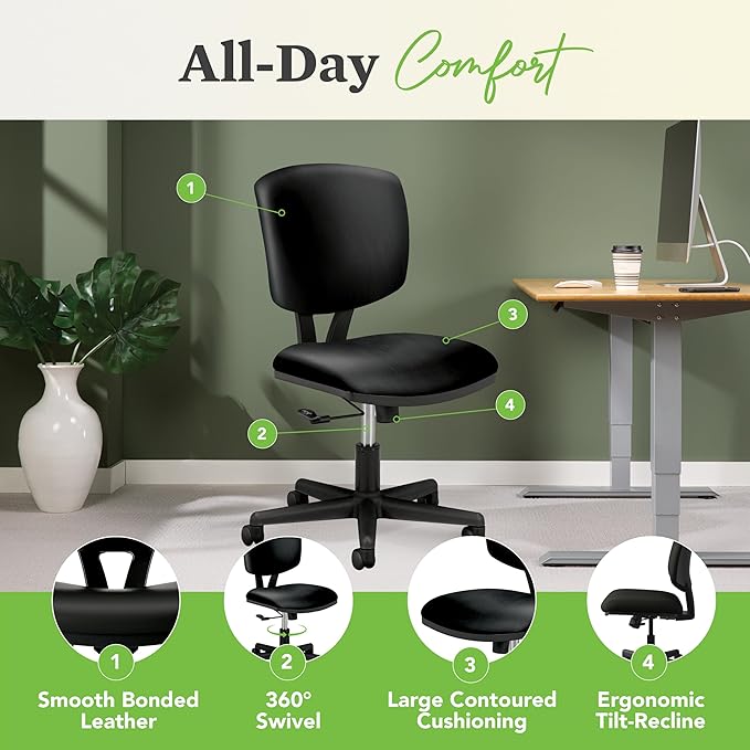 HON Volt Armless Chair Home Desk Wheels. Recline and Tilt, Ergonomic Office, Black - LeafyLoom
