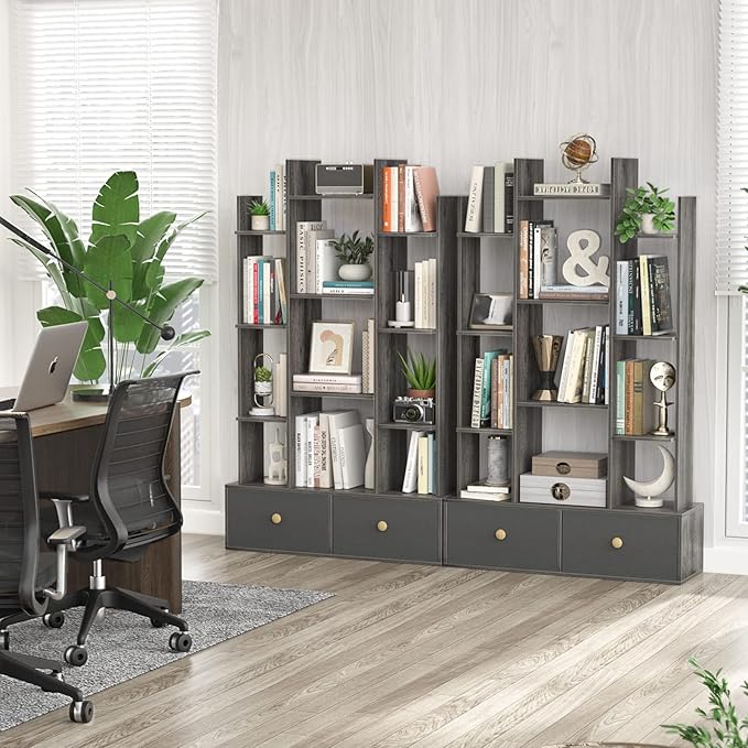 Unikito Book Shelf with 2 Drawers Free Standing Bookcase, Office Storage Shelf Organizer with 12 Open Bookshelf, Industrial Wood Book Case Display Rack for Bedroom, Living Room Home Office, Gray Oak - LeafyLoom