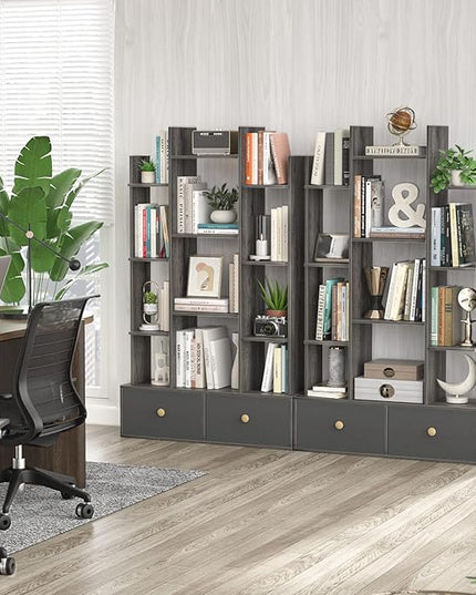 Unikito Book Shelf with 2 Drawers Free Standing Bookcase, Office Storage Shelf Organizer with 12 Open Bookshelf, Industrial Wood Book Case Display Rack for Bedroom, Living Room Home Office, Gray Oak - LeafyLoom