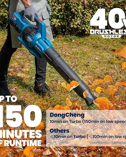 DongCheng Leaf Blower, 650 CFM 40V Cordless Leaf Blower with 2 * 4.0Ah Batteries and Charger, Variable Speed Jet Fan Brushless Motor Electric Leaf Blower for Town Care, Patio, Blowing Leaves and Snow - LeafyLoom