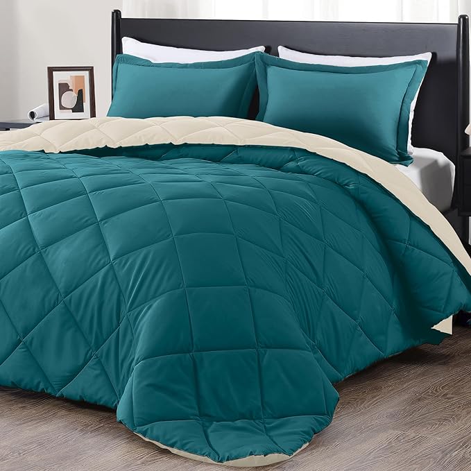 downluxe Queen Comforter Set - Teal Blue and White Queen Comforter, Soft Bedding Sets for All Seasons -3 Pieces - 1 Comforter (88"x92") and 2 Pillow Shams(20"x26") - LeafyLoom