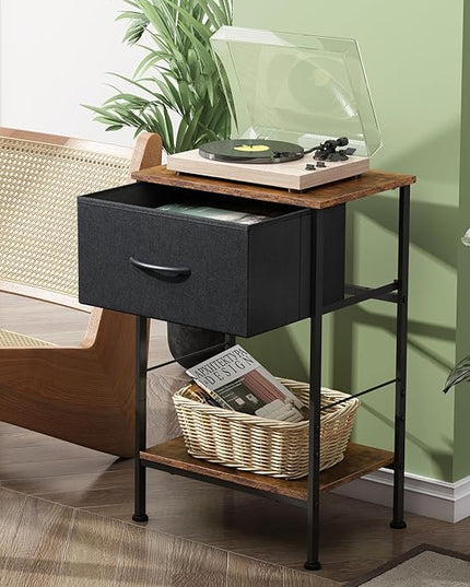 WLIVE Nightstand, End Table with Fabric Storage Drawer and Open Wood Shelf, Bedside Furniture with Steel Frame, Side Table for Bedroom, Dorm, Easy Assembly, Black and Rustic Brown, 24.9" Height - LeafyLoom