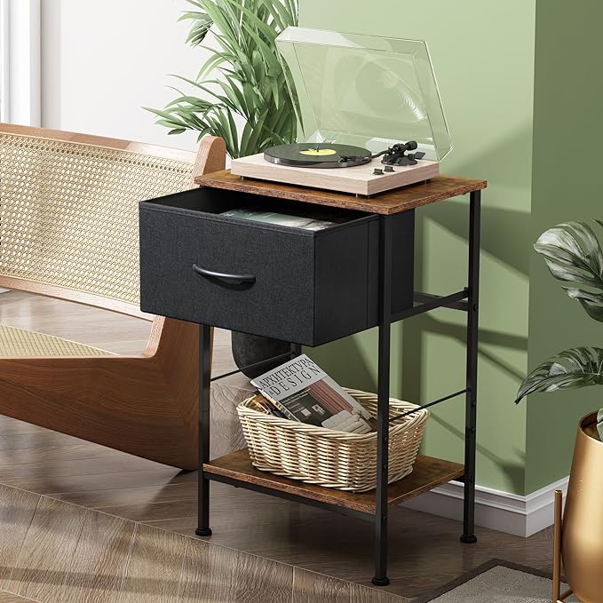 WLIVE Nightstand, End Table with Fabric Storage Drawer and Open Wood Shelf, Bedside Furniture with Steel Frame, Side Table for Bedroom, Dorm, Easy Assembly, Black and Rustic Brown, 24.9" Height - LeafyLoom
