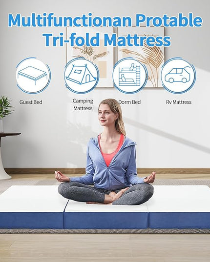 Memory Foam Single Folding Mattress Cot Mattress,4 Inch Foldable Mattress Topper with Cover, Breathable Floor Mattress Guest Bed for Travel/RV/Camping/Guest Room/Yoga (25"×75"×4") - LeafyLoom
