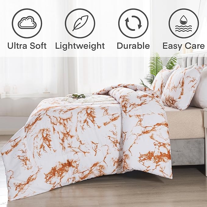 Litanika Rust Marble Comforter Queen(90x90lnch), 3Pieces(1 Marble Comforter and 2 Pillowcases) Soft Microfiber Comforter Bedding Set for Men and Women - LeafyLoom