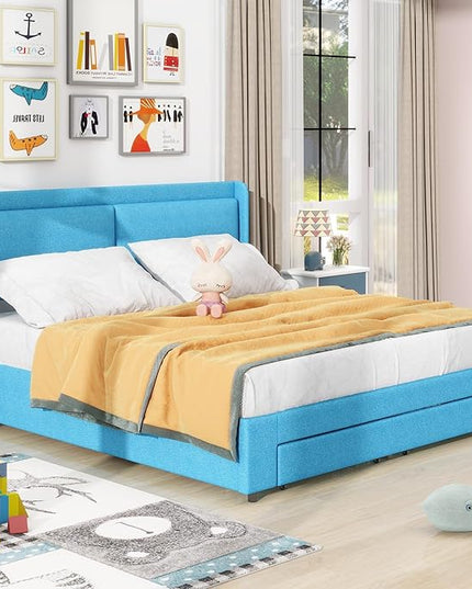 Queen Size Lift Up Storage Bed Platform Bed with 2 Drawers,Upholstered Platform Bed with Headboard and Wood Slats Support, Queen Size Bedframe with Hydraulic Storage System, Easy Assembly - LeafyLoom