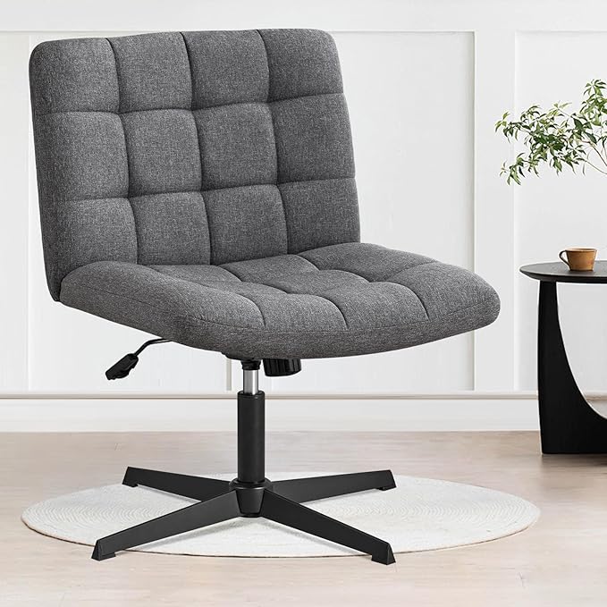 Furniliving Criss Cross Wide Chair, Comfy Legged Desk Chair No Wheels Armless Modern Swivel Chair with Mid Back, Height Adjustable Wide Seat for Home Office Vanity, Grey - LeafyLoom