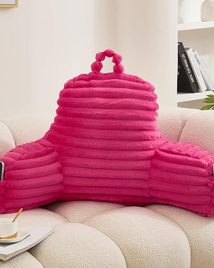 WERDIM Reading Pillow for Sitting in Bed, Faux Fur Back Pillow for Bed Rest, Bed Chair Pillow with Arms and Pockets(Large, Hot Pink) - LeafyLoom