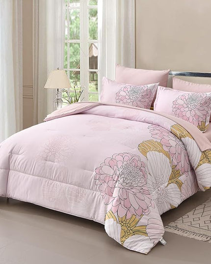 Pink Colorful Comforter Set King Size 7 Piece Floral Bed in a Bag Comforter for All Season Soft Microfiber Bedding Set for Teen Girls Women (103"×90") - LeafyLoom