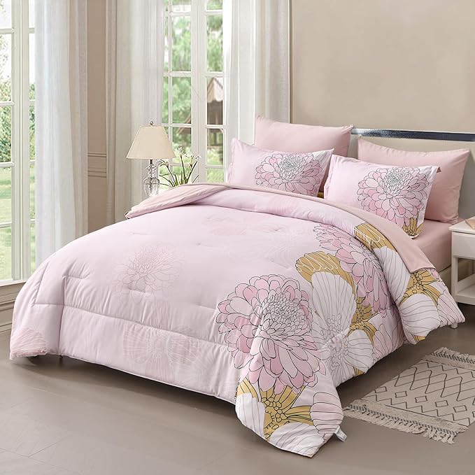 Pink Colorful Comforter Set King Size 7 Piece Floral Bed in a Bag Comforter for All Season Soft Microfiber Bedding Set for Teen Girls Women (103"×90") - LeafyLoom